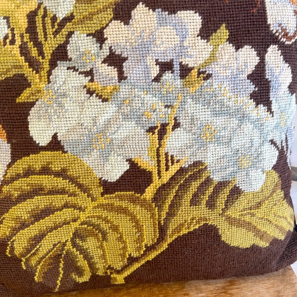 NEEDLEPOINT PILLOW Beautiful Vintage Handmade 15” Square Floral Butterfly Velvet - Picture 5 of 10